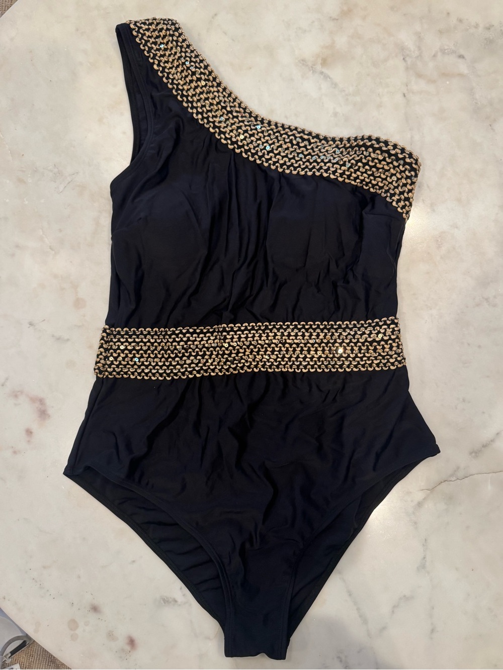 Cupshe Size L One-Shoulder Black Swimsuit with Gold Trim